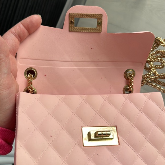 Quilted Pink Jelly Purse with Gold Chain Strap - Picture 9 of 12
